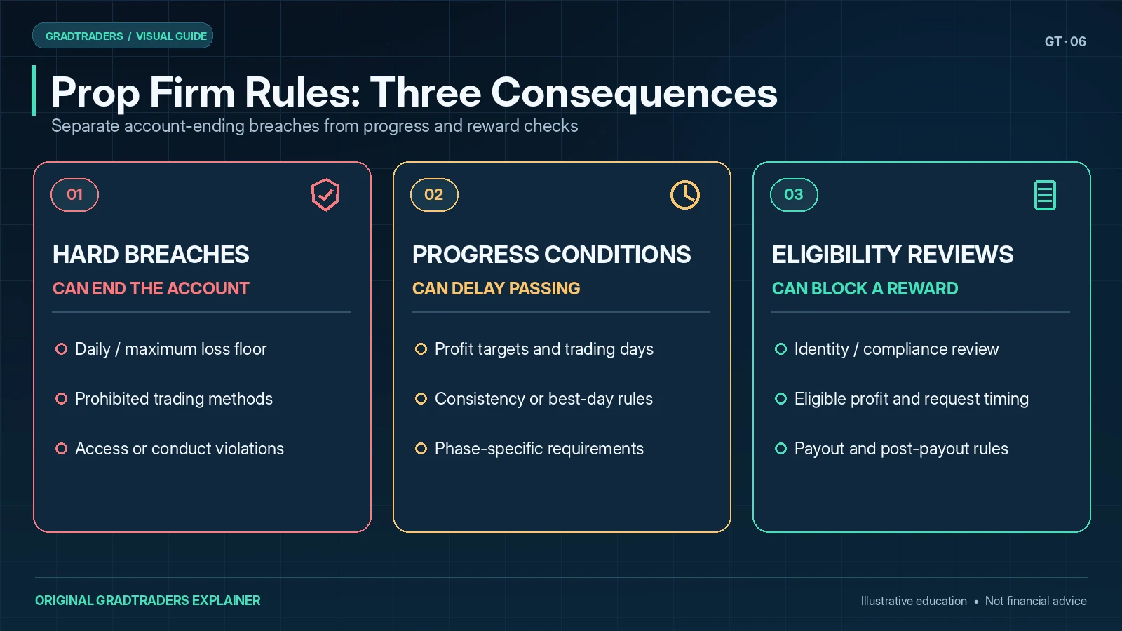 Three prop firm rule categories: hard breaches that can end an account, progression conditions and payout eligibility reviews.